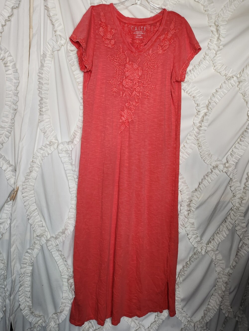 Caite Embroidered Floral Cotton Slub Knit Dress Pink Boho Sz Small